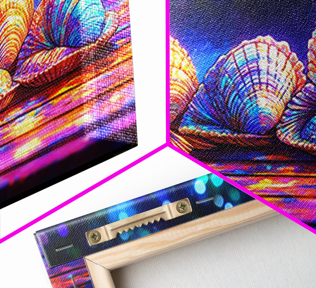 Glowing Clam Shells On Neon Table Canvas Print, Colorful Coastal Wall Art, Beach House Decor, Nautical Gallery Wall Art