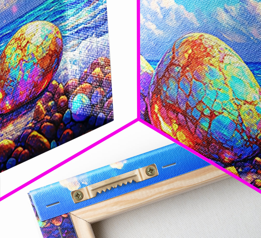 Iridescent Pebbles On Sunny Beach Canvas Print, Coastal Wall Art, Ocean Art Print, Beach House Decor, Colorful Nature Art