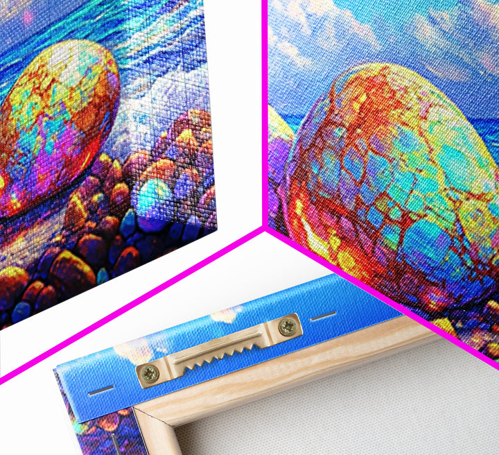 Iridescent Pebbles On Sunny Beach Canvas Print, Coastal Wall Art, Ocean Art Print, Beach House Decor, Colorful Nature Art