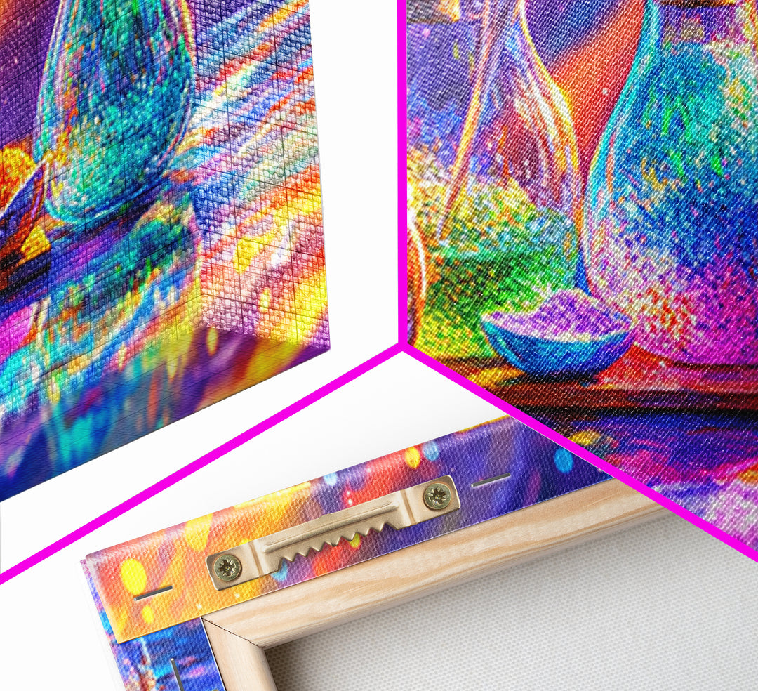 Rainbow Glass Spice Bottles With Salt And Citrus Canvas Print, Kitchen Wall Art, Colorful Decor, Food Art, Housewarming Gift