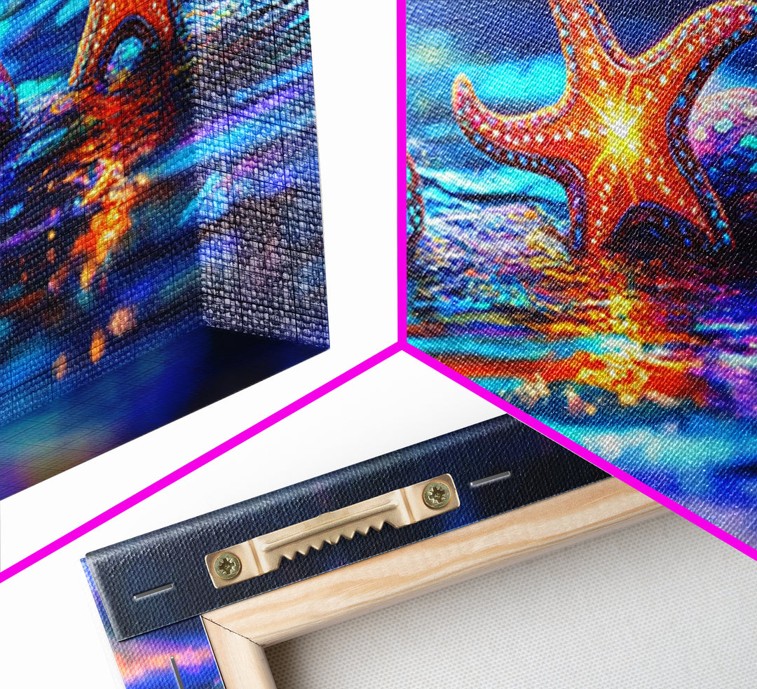 Glowing Starfish And Seashells On Neon Tide Canvas Print, Coastal Wall Art, Ocean Decor, Beach House Gift For Her, Living Room Decor