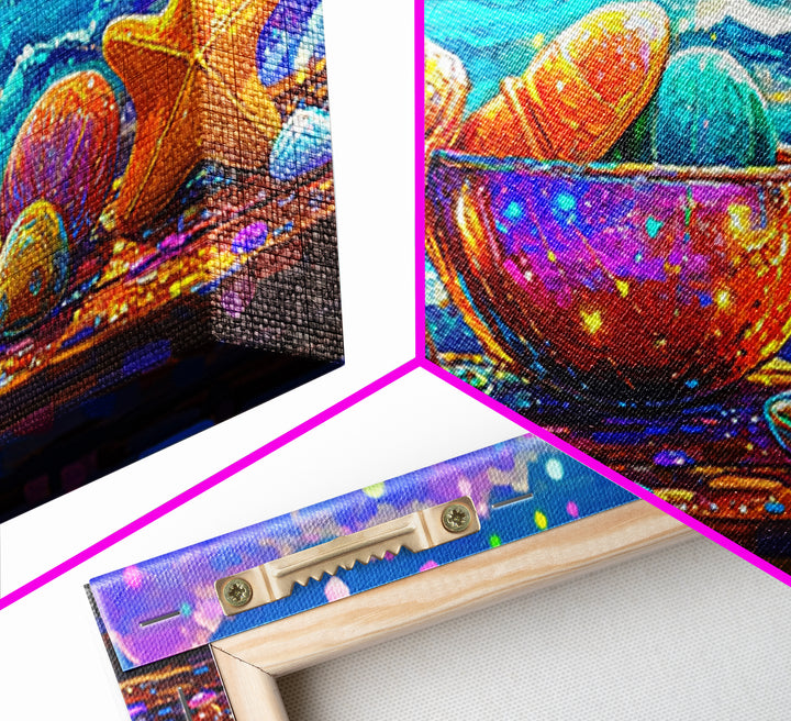Rainbow Seashells And Starfish By Ocean Canvas Print, Coastal Wall Art, Beach House Decor, Nautical Living Room Art, Ocean Wall Decor