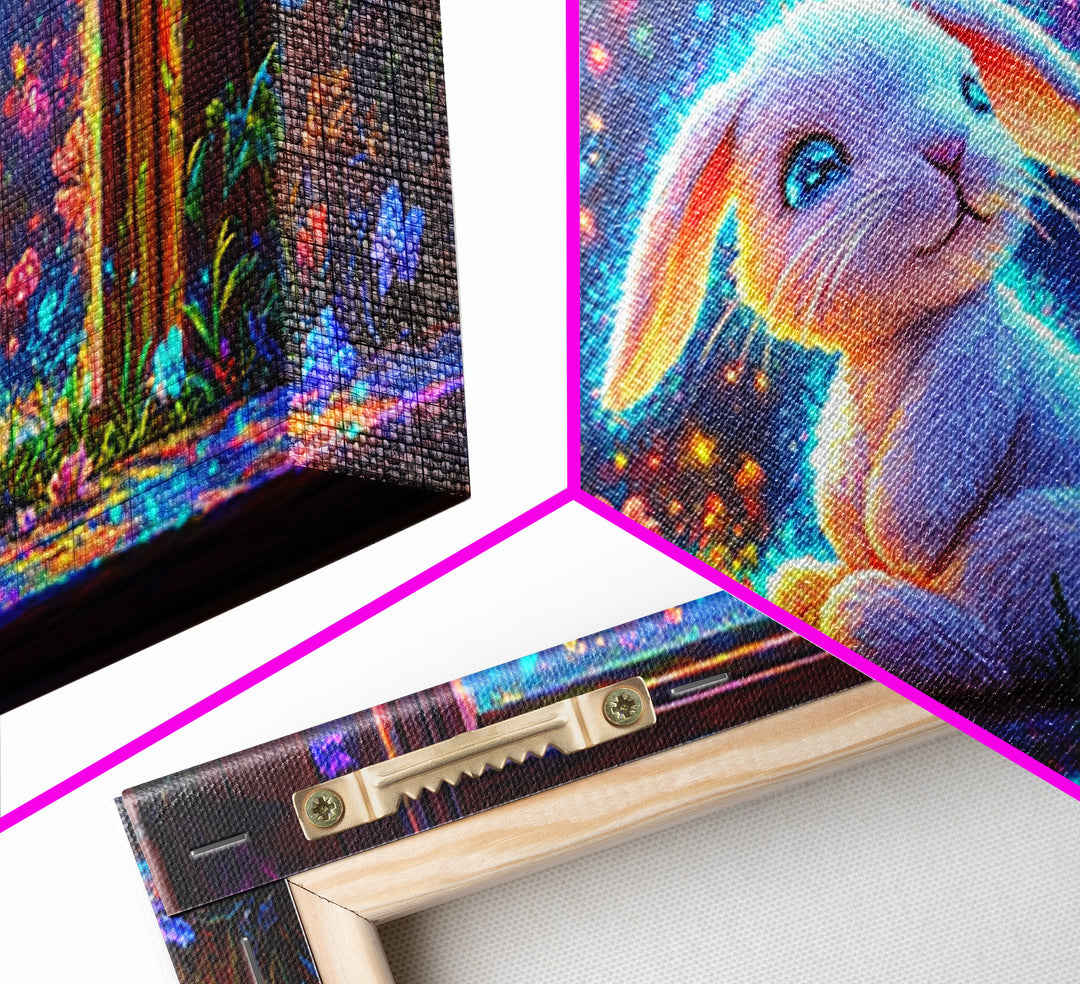Glowing Bunny In Flower Window Canvas Print, Whimsical Wall Art, Nursery Decor, Kids Room Art, Cute Animal Gift, Baby Room Decor