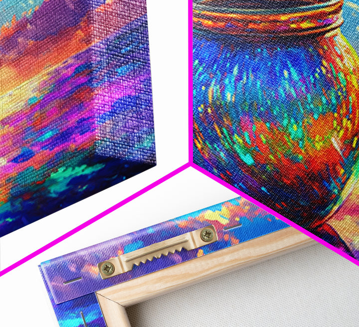 Iridescent Cauldron By Ocean Framed Canvas Print, Colorful Coastal Wall Art, Fantasy Seascape, Beach House Decor Gift Idea