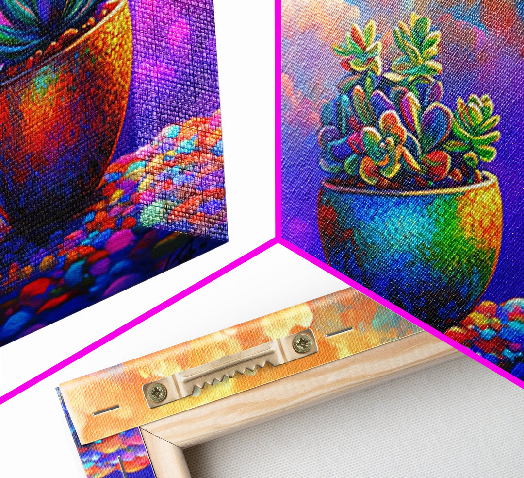 Three Rainbow Succulents Canvas Print, Colorful Botanical Wall Art, Boho Plant Decor, Living Room Art, Housewarming Gift
