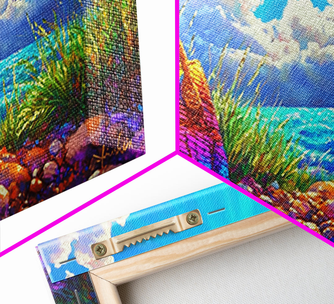 Rainbow Woven Beach Bag Wall Art, Coastal Canvas Print, Beach House Decor, Summer Ocean Art, Tropical Home Decor Gift Idea