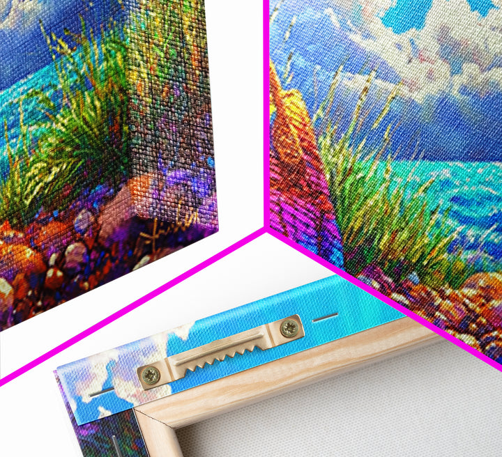 Rainbow Woven Beach Bag Wall Art, Coastal Canvas Print, Beach House Decor, Summer Ocean Art, Tropical Home Decor Gift Idea