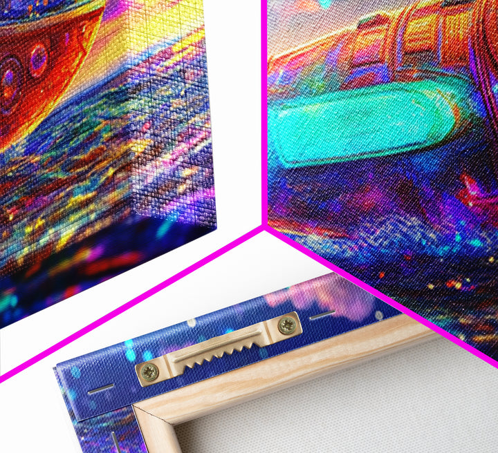 Rainbow Rocket Submarine Canvas Print, Futuristic Ocean Wall Art, Sci Fi Wall Decor, Space Lover Gift, Coastal Nursery Art