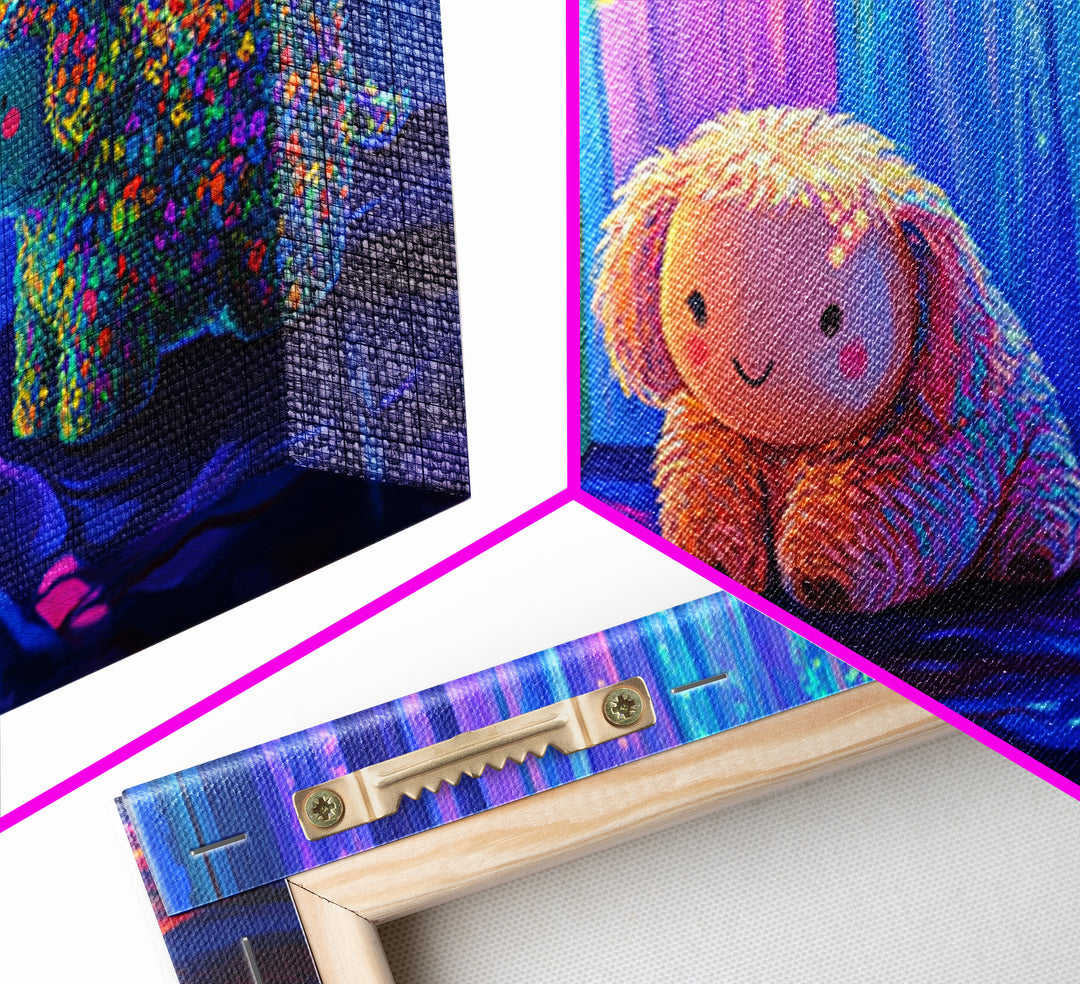 Smiling Plush Animals In Rainbow Curtain Glow Wall Art, Whimsical Animal Art, Nursery Decor, Kids Room Decor, Baby Gift, Cute Art