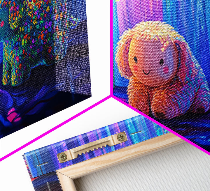 Smiling Plush Animals In Rainbow Curtain Glow Wall Art, Whimsical Animal Art, Nursery Decor, Kids Room Decor, Baby Gift, Cute Art