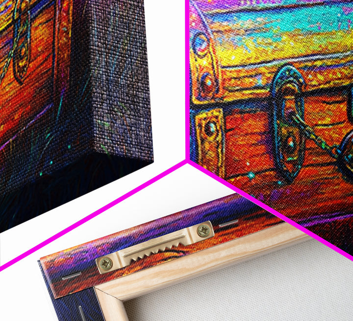 Rainbow Wooden Treasure Chest In Moonlit Grass Canvas Print, Fantasy Art, Whimsical Decor, Rustic Wall Art, Unique Gift, Home Decor