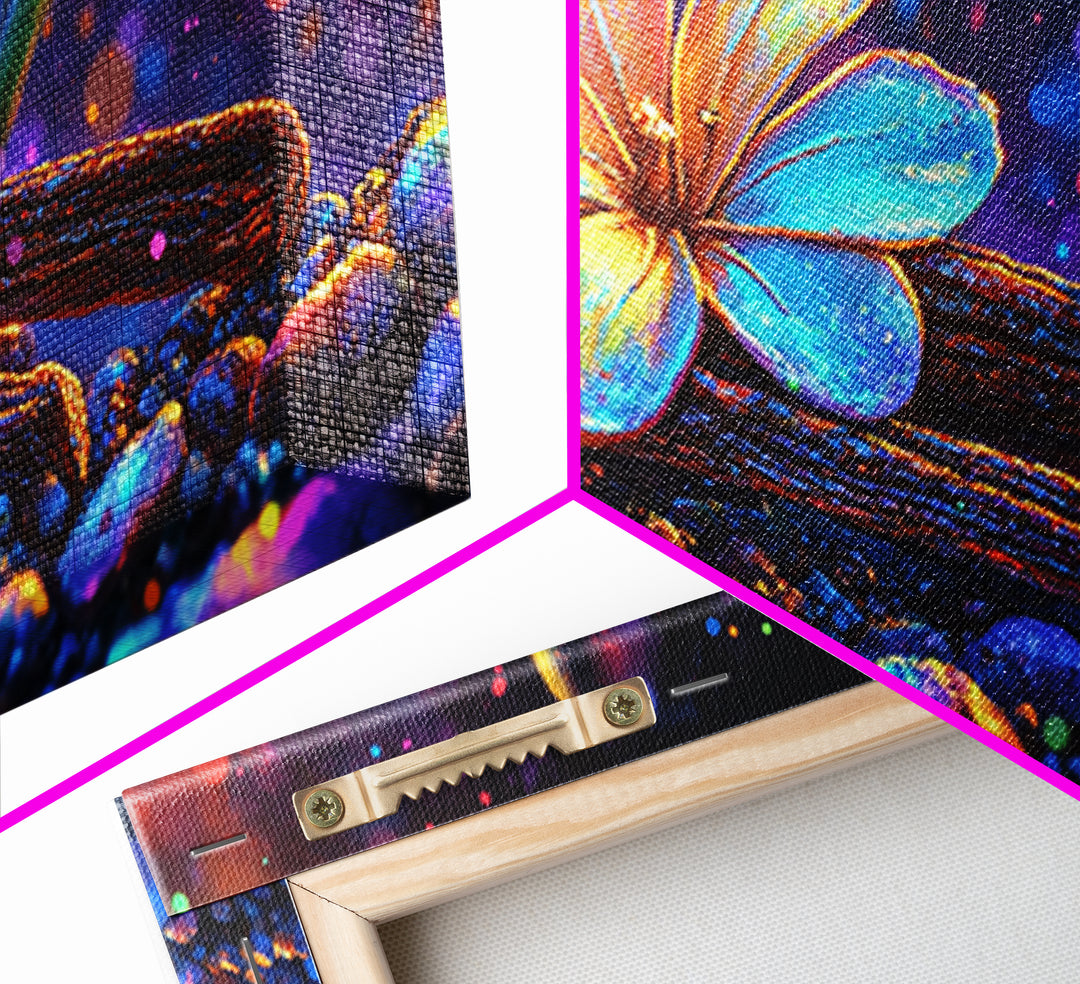 Glowing Flower On Driftwood Pebbles Framed Canvas Print, Nature Wall Art, Whimsical Decor, Botanical Art, Unique Gift, Home Decor