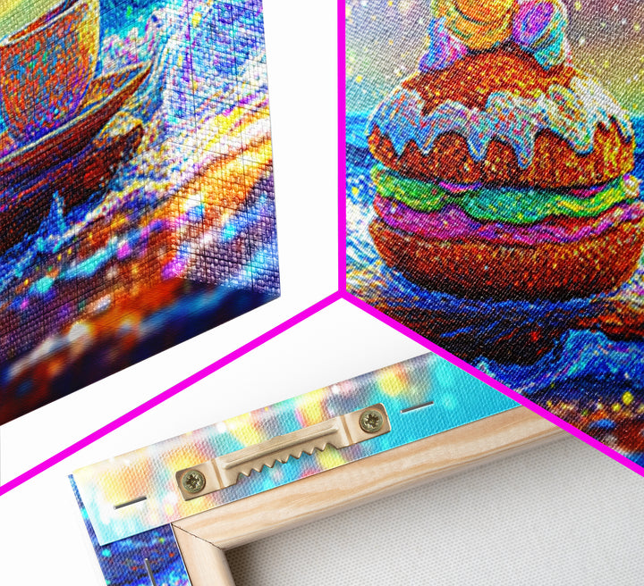 Whimsical Ocean Tea Cup And Macaron Canvas Print, Bakery Wall Art, Coastal Kitchen Decor, Dessert Art Gift For Her, Cafe Wall Decor