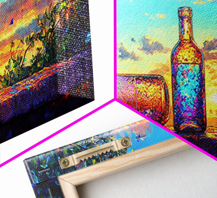 Sunset Garden Bottles On Stone Wall Framed Canvas Print, Colorful Wine Wall Art, Rustic Kitchen Decor, Housewarming Gift
