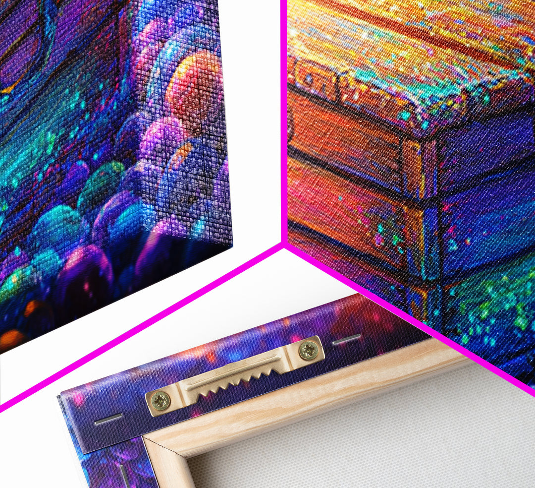 Glowing Wooden Treasure Chest Canvas Print, Whimsical Fantasy Wall Art, Colorful Rustic Home Decor, Unique Housewarming Gift