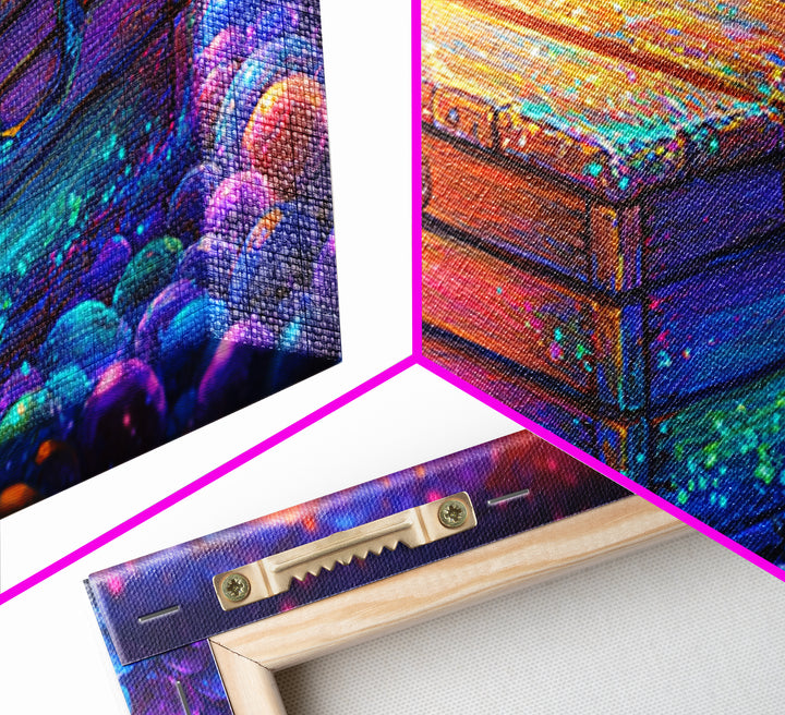 Glowing Wooden Treasure Chest Canvas Print, Whimsical Fantasy Wall Art, Colorful Rustic Home Decor, Unique Housewarming Gift