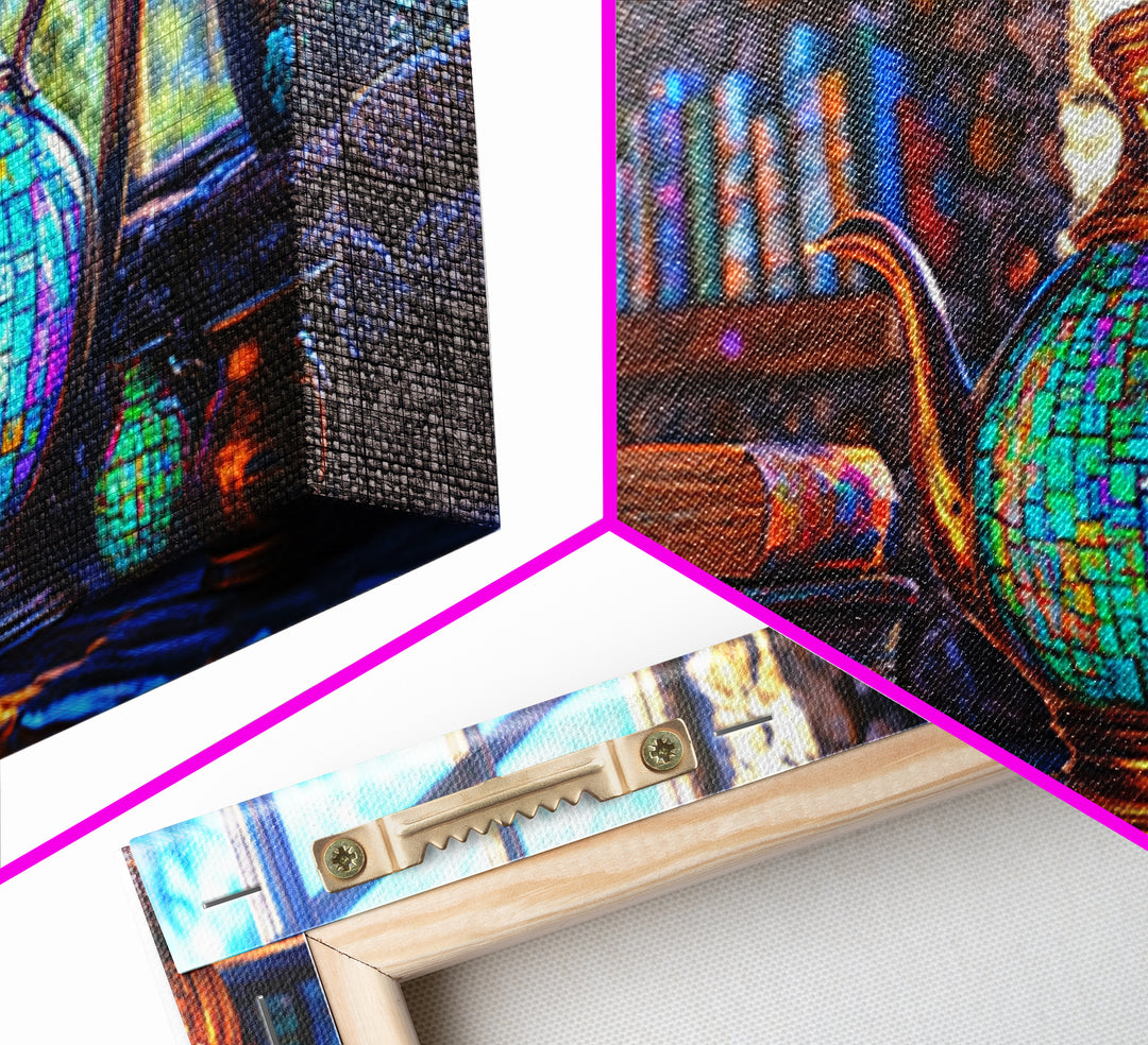 Mosaic Teapot And Antique Books Canvas Print, Library Wall Art, Dark Academia Decor, Book Lover Gift, Cozy Home Decor, Office Decor