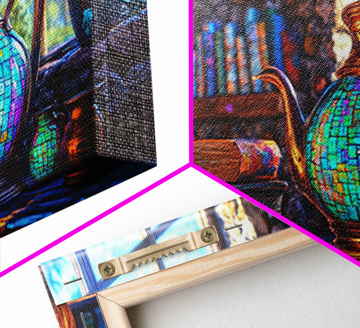 Mosaic Teapot And Antique Books Canvas Print, Library Wall Art, Dark Academia Decor, Book Lover Gift, Cozy Home Decor, Office Decor