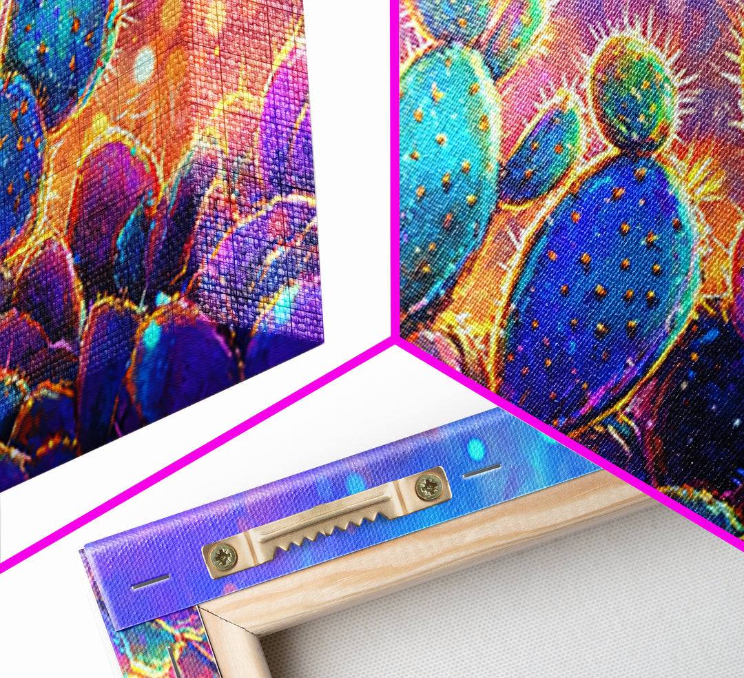 Glowing Prickly Pear Cactus At Twilight Wall Art, Vibrant Desert Canvas, Colorful Southwestern Decor, Boho Living Room Print