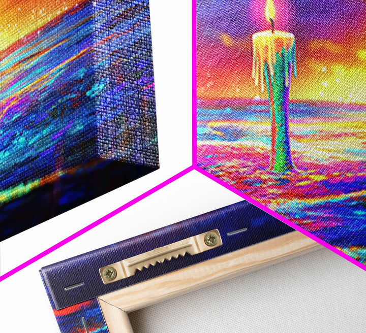 Tall Candle Burning Over Sunset Sea Wall Art, Colorful Seascape Canvas, Coastal Meditation Home Decor And Serene Ocean Print
