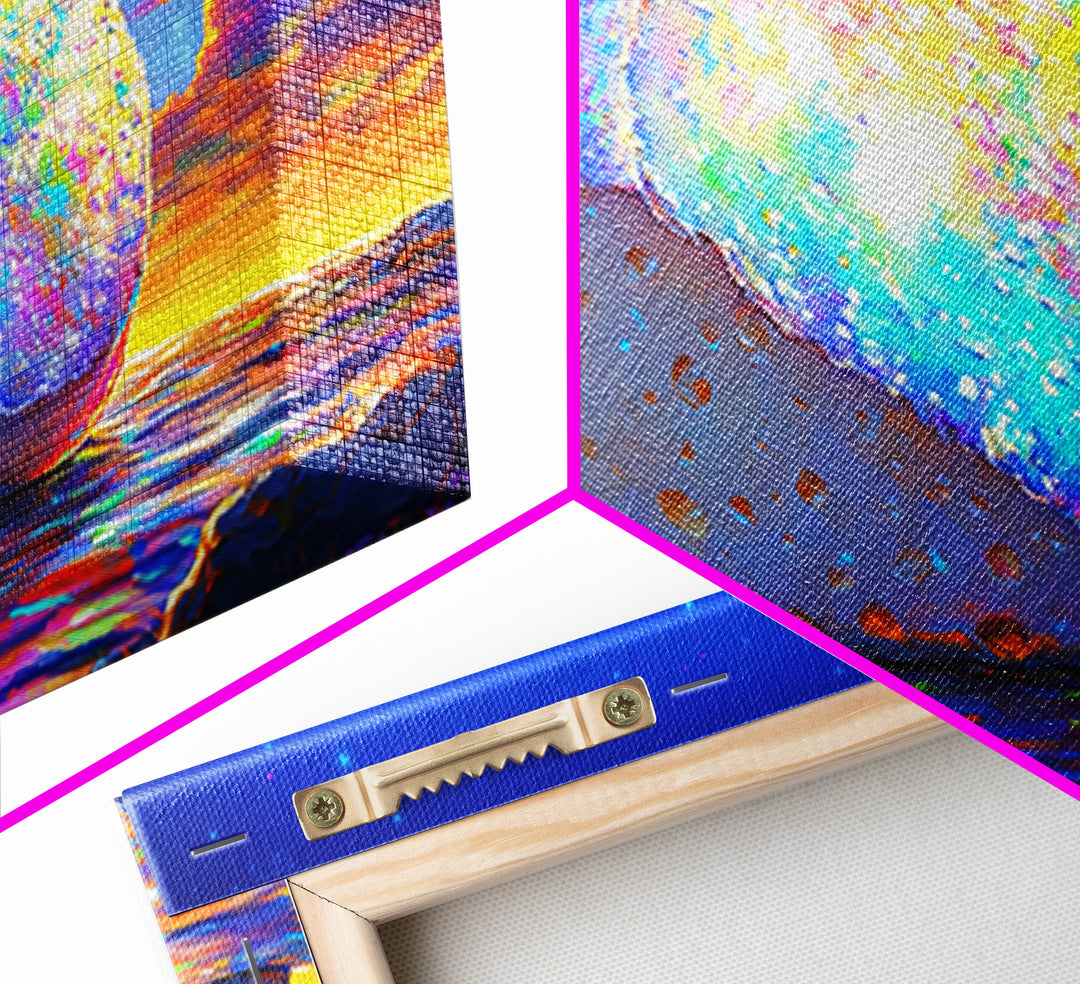 Glowing Rainbow Sea Stone At Sunset Wall Art, Colorful Coastal Canvas, Surreal Beach Decor, Ocean Landscape Living Room Print