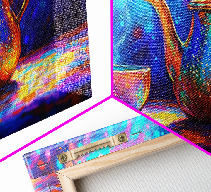 Iridescent Teapot And Teacup Still Life Canvas Print, Colorful Kitchen Wall Art, Tea Lover Gift, Modern Home Decor, Dining Room Print