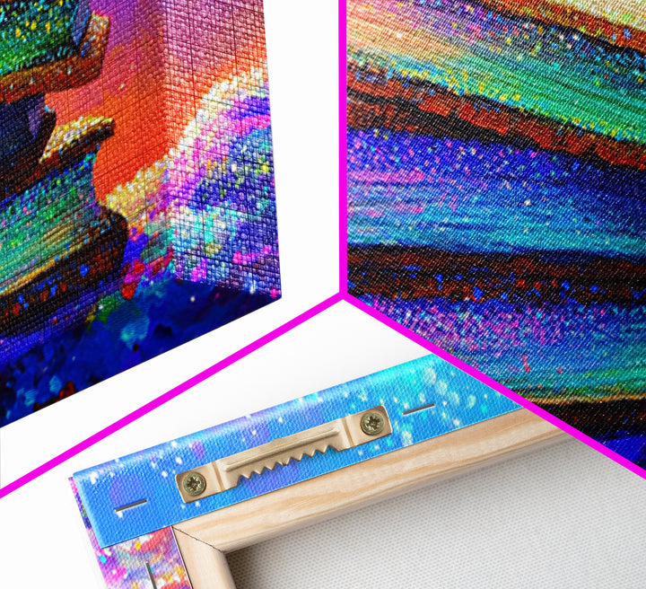 Stacked Rainbow Books Under Starry Sky Canvas Print, Book Lover Wall Art, Library Decor, Cozy Reading Nook Gift For Home Office Decor