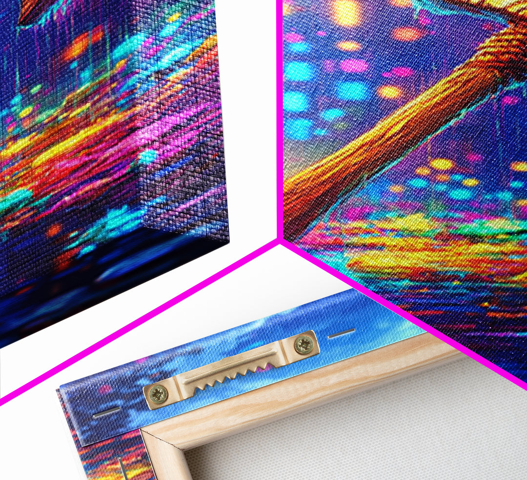 Neon Axe In Rainy City Framed Canvas Print, Cyberpunk Wall Art, Dystopian Decor, Gamer Room Art, Unique Gift For Him, Home Decor