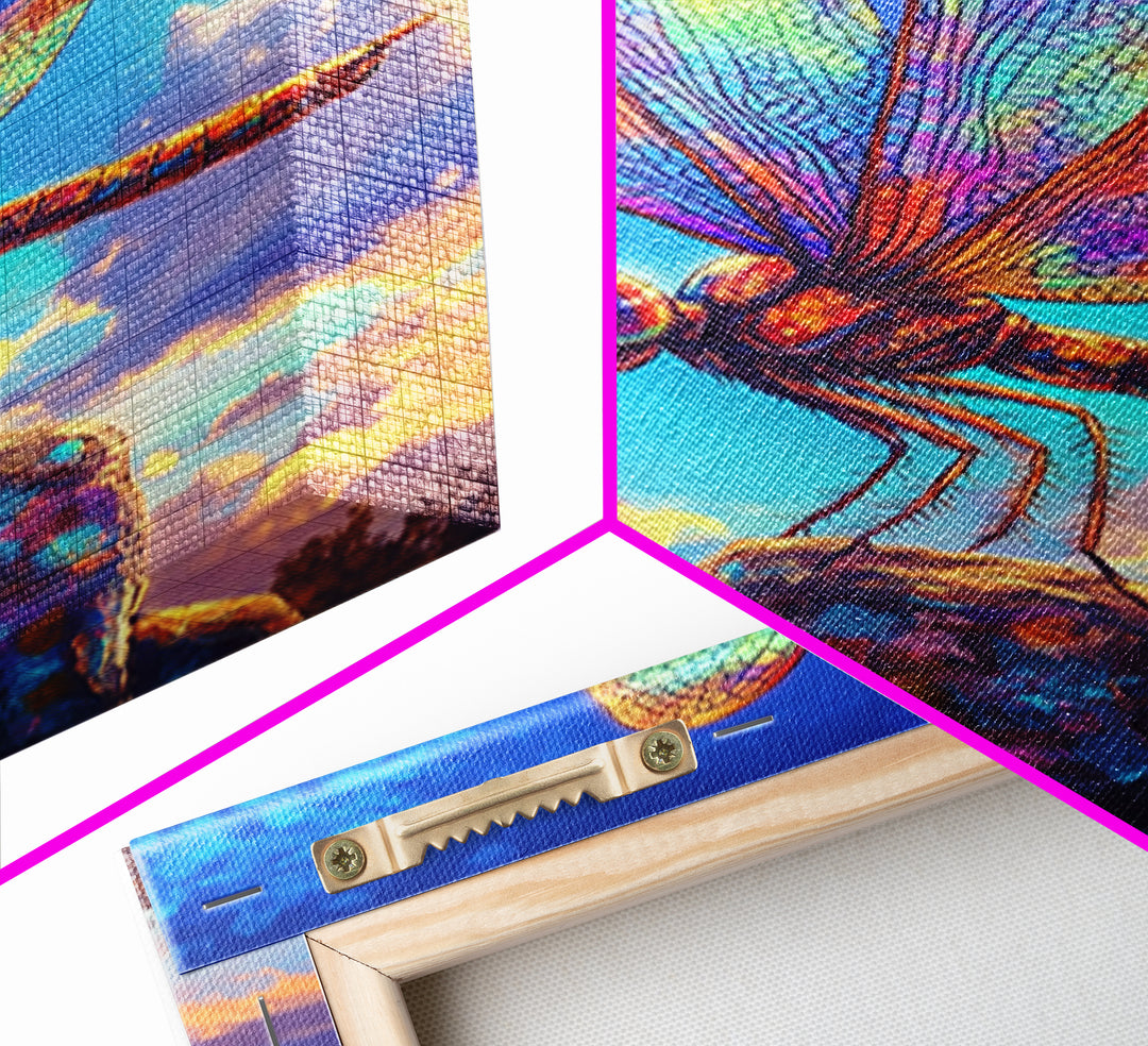 Stained Glass Dragonfly On Rock Canvas Print, Colorful Wildlife Art, Nature Wall Art, Whimsical Decor, Nature Lover Gift