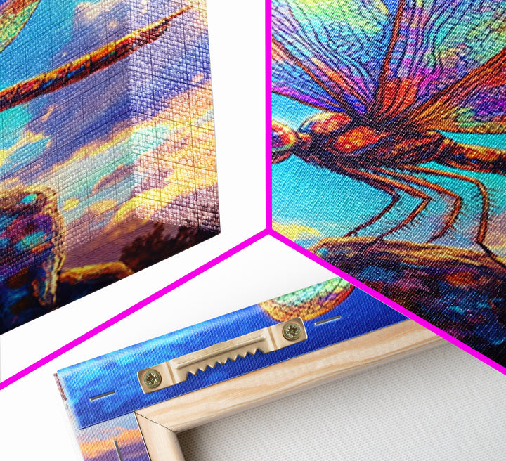 Stained Glass Dragonfly On Rock Canvas Print, Colorful Wildlife Art, Nature Wall Art, Whimsical Decor, Nature Lover Gift