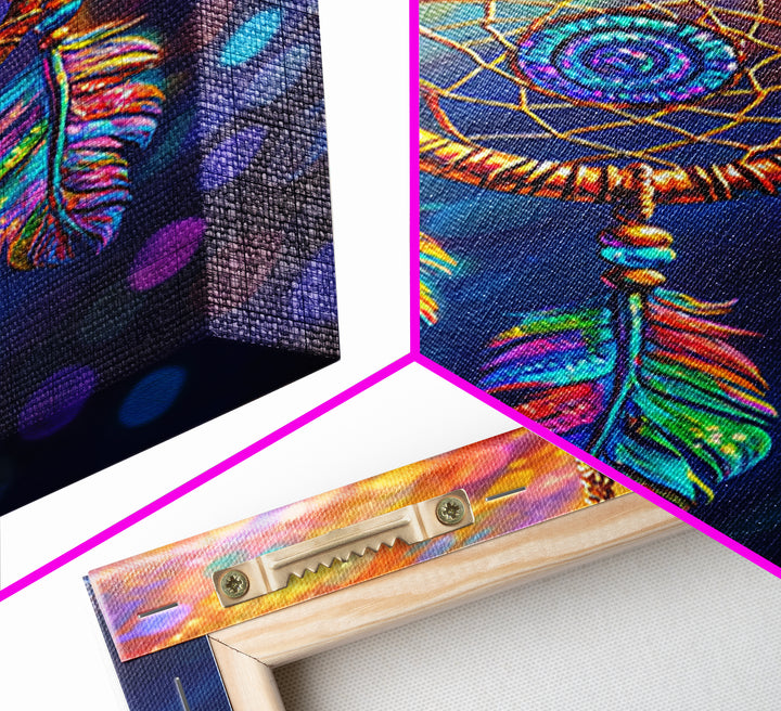 Rainbow Feather Dreamcatcher Wall Art, Boho Wall Decor, Spiritual Art, Celestial Decor, Whimsical Gift, Framed Canvas Print