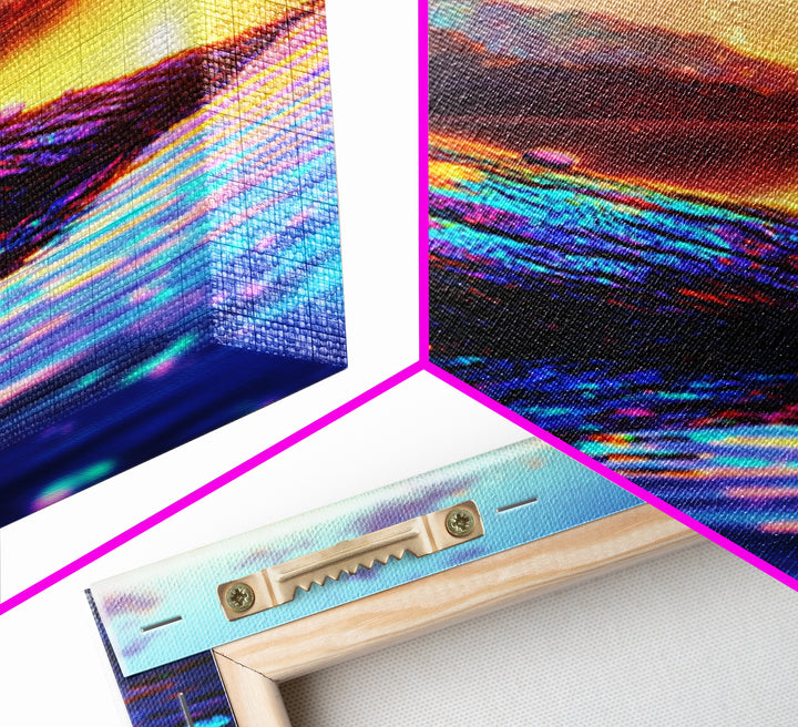 Iridescent Driftwood Boat On Mountain Lake Canvas Print, Sunset Landscape Art, Coastal Wall Decor, Colorful Nature Print