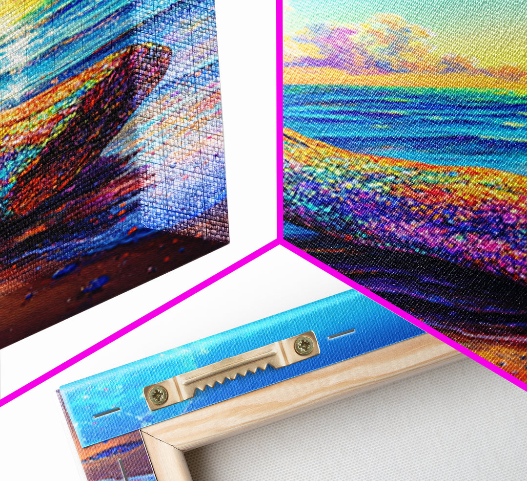 Rainbow Driftwood Log On Sunny Ocean Beach Canvas Print, Coastal Wall Art, Seascape Decor, Beach House Art, Large Wall Decor