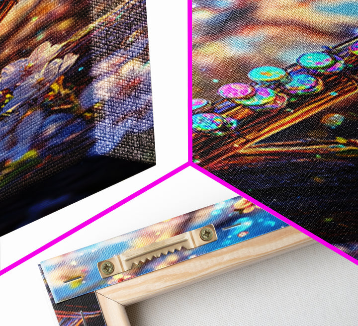 Jeweled Flute With Cherry Blossoms Canvas Print, Music Wall Art, Japanese Floral Spring Decor, Elegant Music Room Wall Decor