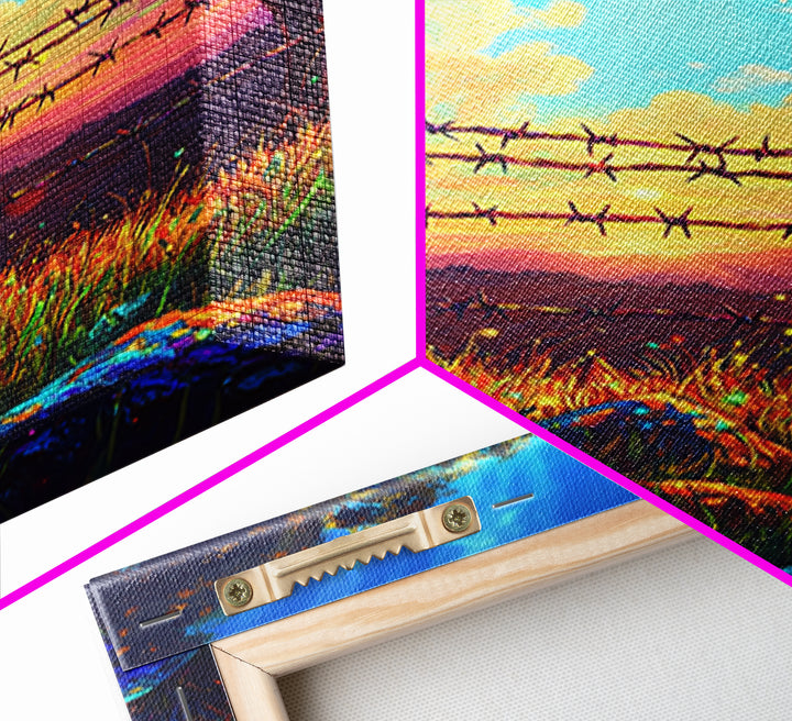 Barbed Wire Fence At Sunset Meadow Canvas Print, Rustic Western Wall Art, Farmhouse Decor, Country Landscape Housewarming Gift
