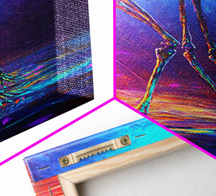 Neon Rainbow Skeleton Walker Framed Canvas Print, Surreal Dark Art, Gothic Wall Decor, Dystopian Sci Fi Artwork Gift For Him
