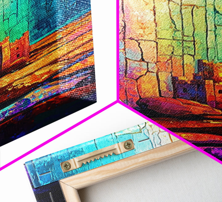 Tiny Castle And Blue Ball In Rainbow Light Framed Canvas Print, Abstract Wall Art, Colorful Decor, Whimsical Fantasy Gift