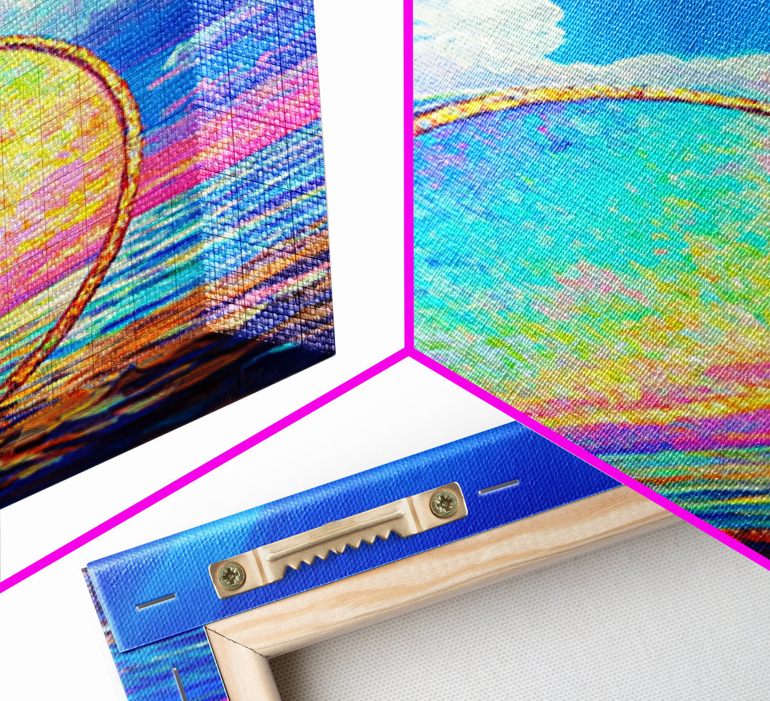 Iridescent Ocean Drum Under Blue Sky Canvas Print, Coastal Wall Art, Music Room Decor, Seascape Art Print, Colorful Gift