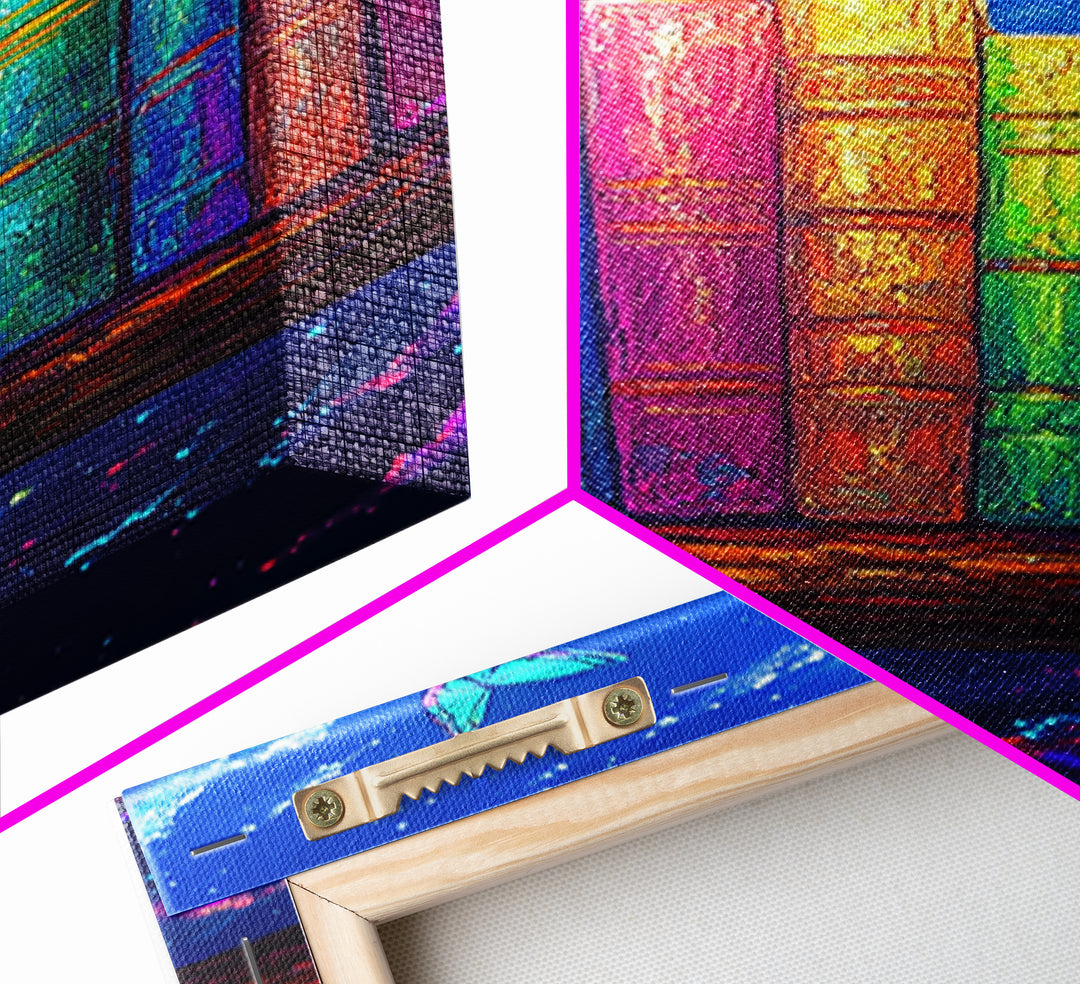 Rainbow Books Under Starry Sky Wall Art, Colorful Library Canvas Print, Book Lover Gift, Reading Nook Home Office Decor Print
