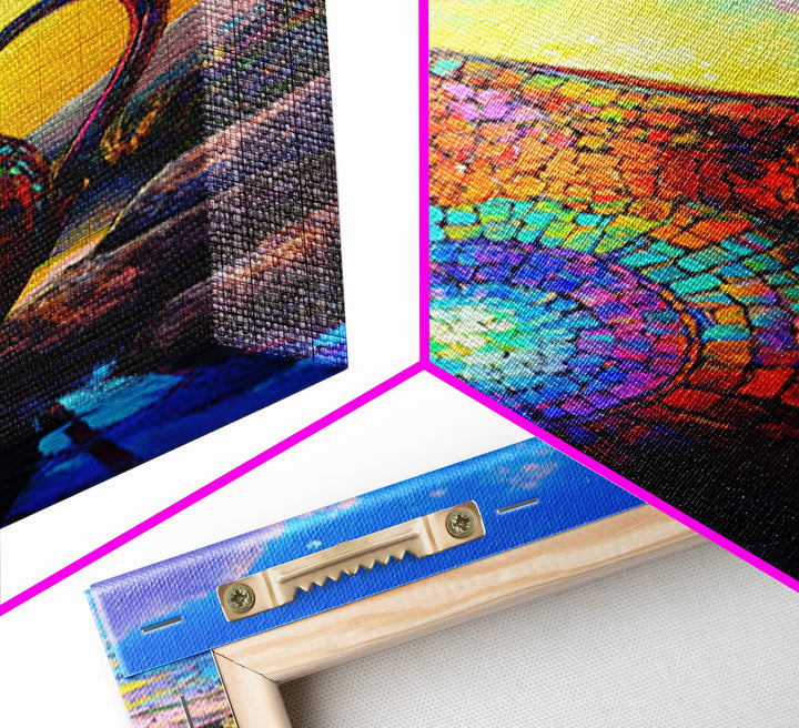 Mosaic Rainbow Pitcher At Sunrise Framed Canvas Print, Colorful Wall Art, Southwestern Decor, Mountain Landscape Painting
