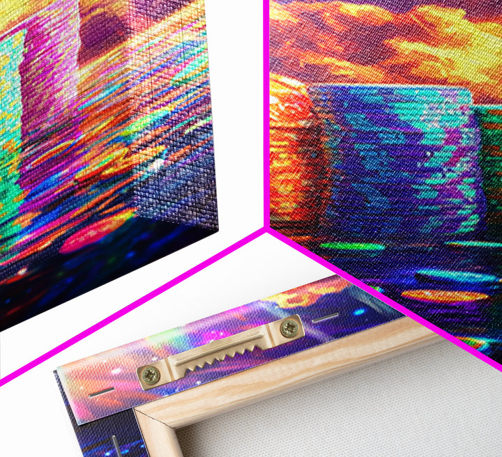Glowing Crypto Coin Stacks Under Cosmic Sky Canvas Print, Bitcoin Art, Neon Wall Art, Gamer Room Decor, Gift For Him, Modern Art