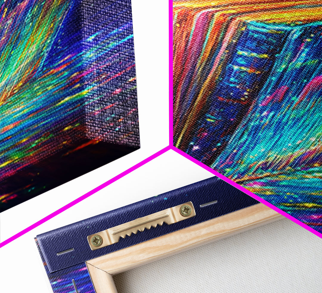 Glowing Rainbow Books With Sparkling Magic Wall Art, Library Decor, Book Lover Gift, Dark Academia, Fantasy Art Print, Home Decor
