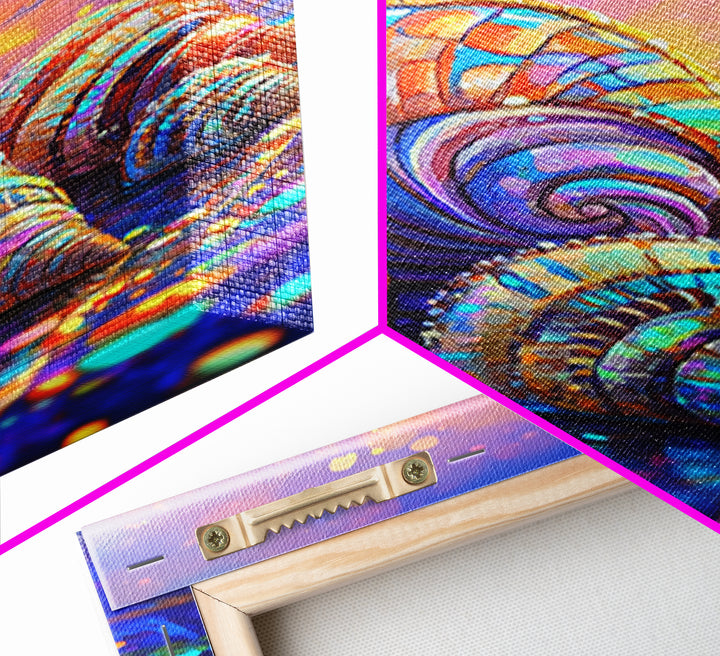 Rainbow Seashells On Sunset Shore Canvas Print, Coastal Wall Art, Beach House Decor, Ocean Wall Decor, Summer Gift For Her