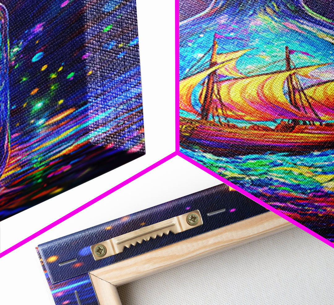 Glowing Ship In A Bottle Framed Canvas Print, Nautical Wall Art, Fantasy Ocean Decor, Coastal Gift For Him Or Her, Statement Artwork