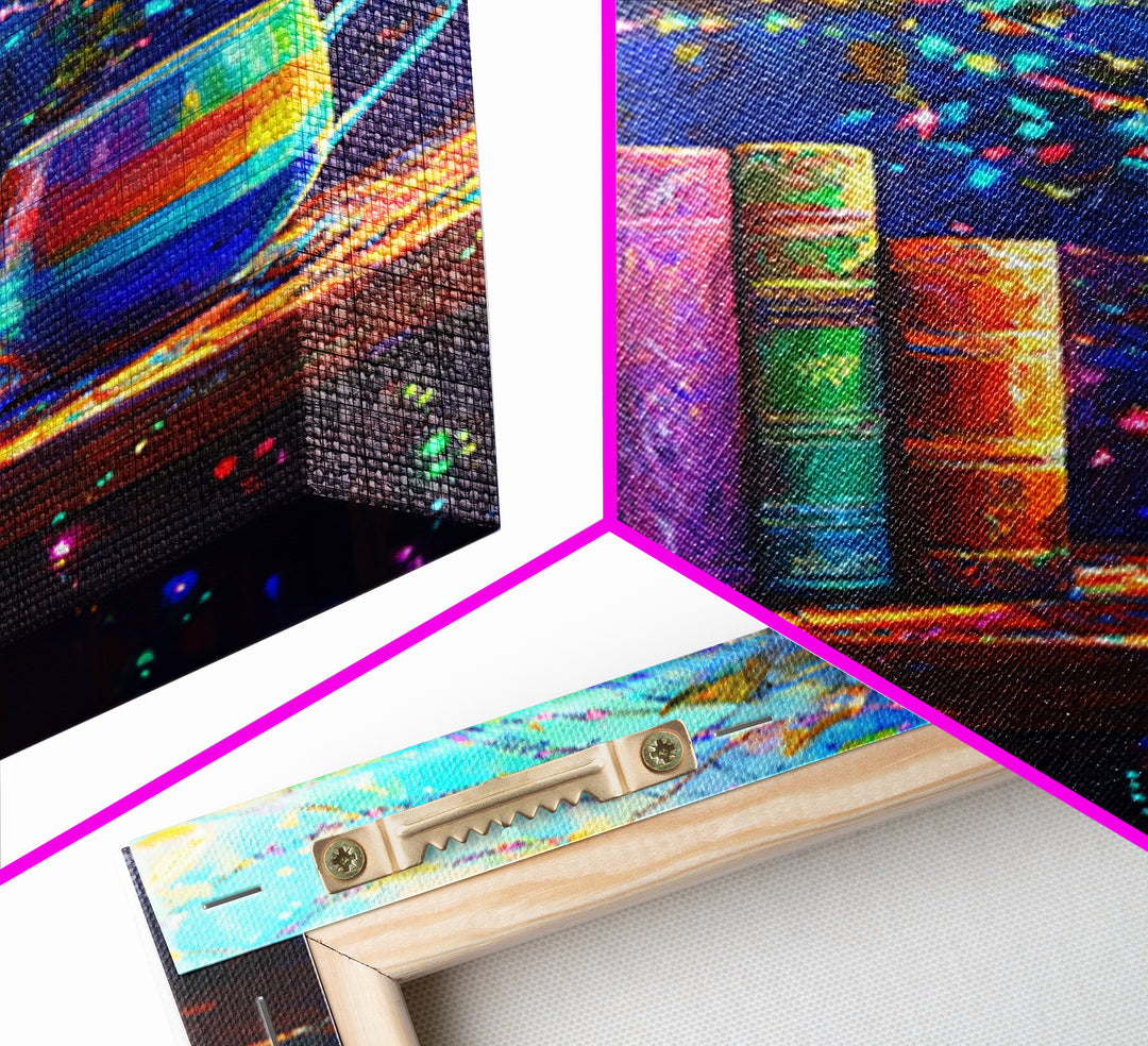 Cozy Books And Rainbow Mug Wall Art, Bookish Library Canvas Print, Reading Nook Decor, Gift For Book Lover, Cozy Home Decor