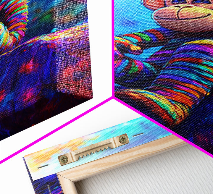 Rainbow Sock Monkey On Rock Wall Art, Whimsical Animal Canvas Print, Cute Nursery Decor, Kids Room Decor, Playroom Wall Decor