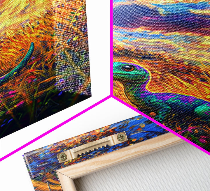 Cute Baby Dinosaur In Golden Meadow Wall Art, Colorful Safari Nursery Canvas Print, Whimsical Kids Room Decor, Unique Gift
