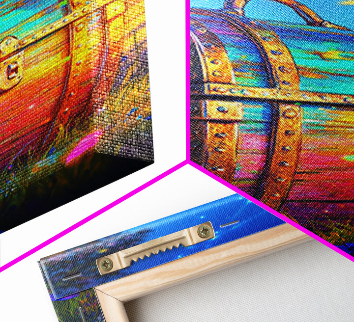 Rainbow Treasure Chest In Meadow At Sunset Framed Canvas Print, Fantasy Wall Art, Whimsical Decor, Celestial Kids Room Art