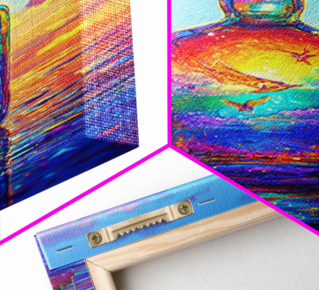 Sunset Ocean In Glass Bottle Wall Art, Surreal Seascape Art Print, Coastal Beach House Decor, Whimsical Canvas Print Gift