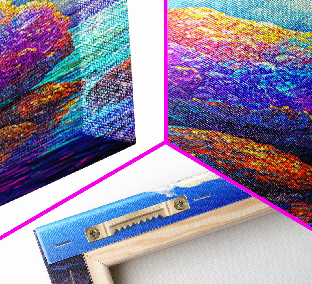 Rainbow Crystal Rocks Beside Blue Sea Canvas Print, Coastal Wall Art, Colorful Nature Art, Ocean Landscape Home Decor Gift